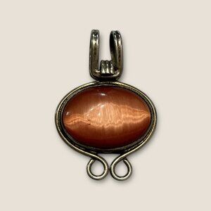 Sterling Silver Orange Cats Eye Pendant 16.8 Grams Oval Design Dual Loop Bail